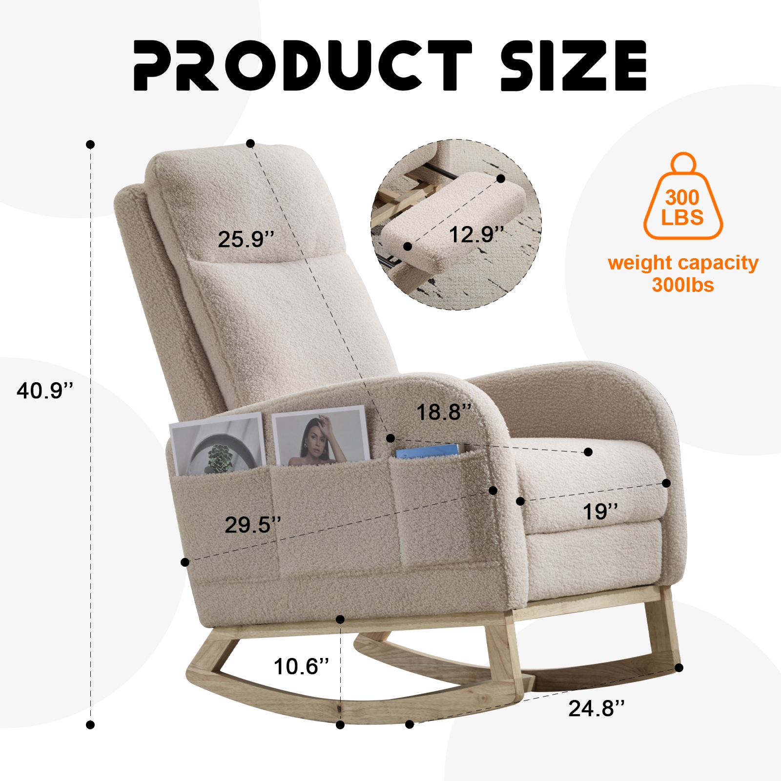 Modern Accent Rocking Chair Rocking Chair With Solid Wood Legs, Upholstered Nursery Glider Rocker, Comfy Armchair With Side Pocket, Living Room Lounge Arm Chair With High Backrest (Beige,teddy)_voghion.com